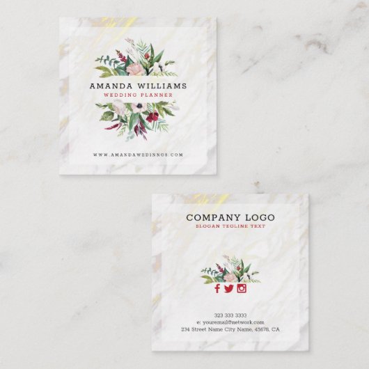 Luxus mit Blumen und Goldakzent aus weißem Marmor Quadratische Visitenkarte (Vorne/Hinten)