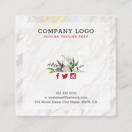 Luxus mit Blumen und Goldakzent aus weißem Marmor Quadratische Visitenkarte (Rückseite)