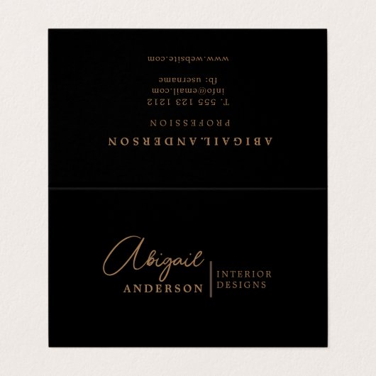 Luxus Moderne Schwarz und Gold Brown beruflich Visitenkarten (Außenseite Aufgefaltet)