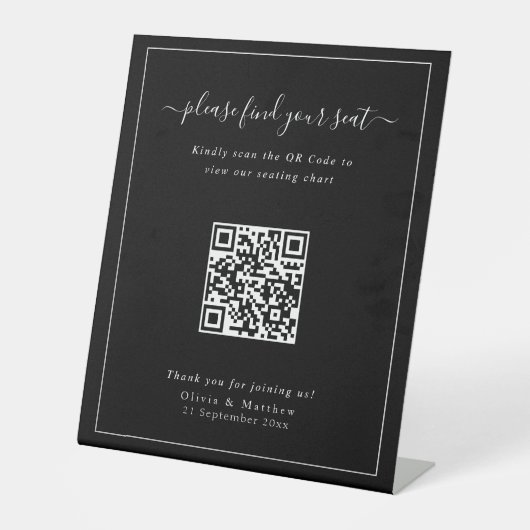 Luxus-Moderne Schwarze Hochzeits-QR-Code-Sitzordnu Sockelschild (Vorderseite)
