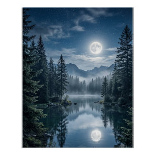 Luxus-Mondlicht-Wald-Wandkunst aus immergrünen Bäu Poster