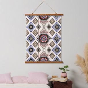 Luxus-Monochrom und Ocker-Tribal-Medaillon Wandteppich Mit Holzrahmen
