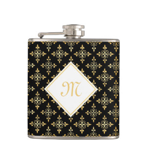 Luxus Monogram Black and Gold Quatre Floral Flachmann