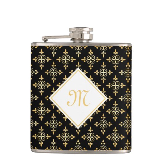 Luxus Monogram Black and Gold Quatre Floral Flachmann (Vorderseite)