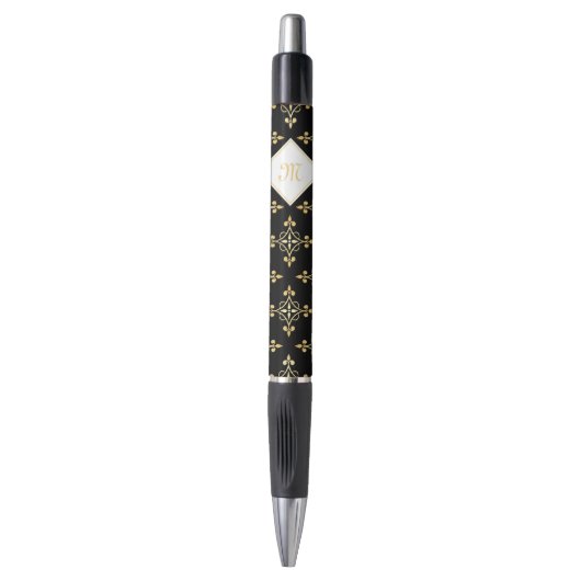 Luxus Monogram Black and Gold Quatre Floral Kugelschreiber (Vorderseite Vertikal)