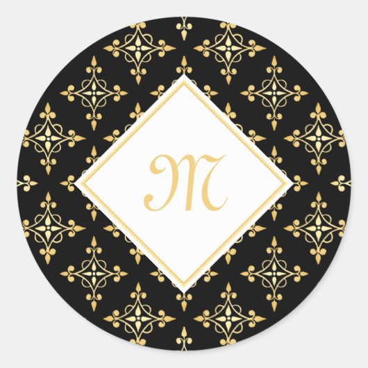 Luxus Monogram Black and Gold Quatre Floral Runder Aufkleber (Vorderseite)
