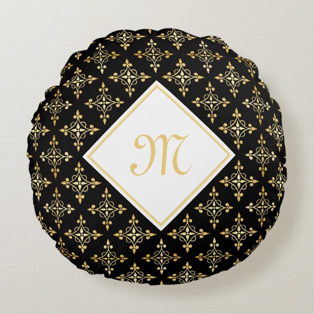 Luxus Monogram Black and Gold Quatre Floral Rundes Kissen (Vorderseite)