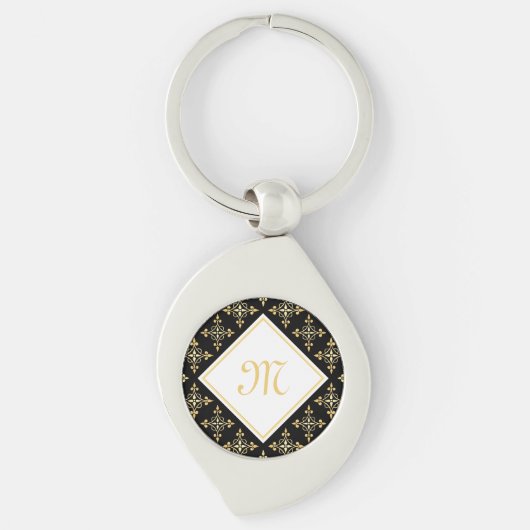Luxus Monogram Black and Gold Quatre Floral Schlüsselanhänger (Vorderseite)