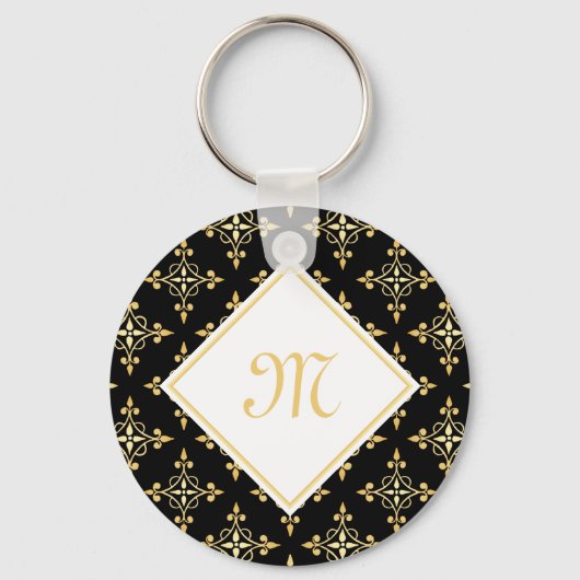 Luxus Monogram Black and Gold Quatre Floral Schlüsselanhänger (Vorderseite)