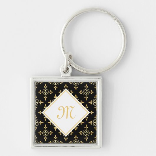 Luxus Monogram Black and Gold Quatre Floral Schlüsselanhänger (Vorne)