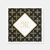 Luxus Monogram Black and Gold Quatre Floral Serviette (Vorderseite)