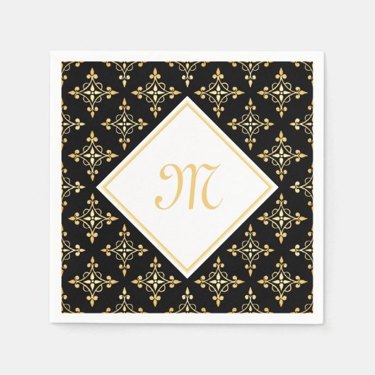Luxus Monogram Black and Gold Quatre Floral Serviette (Vorderseite)