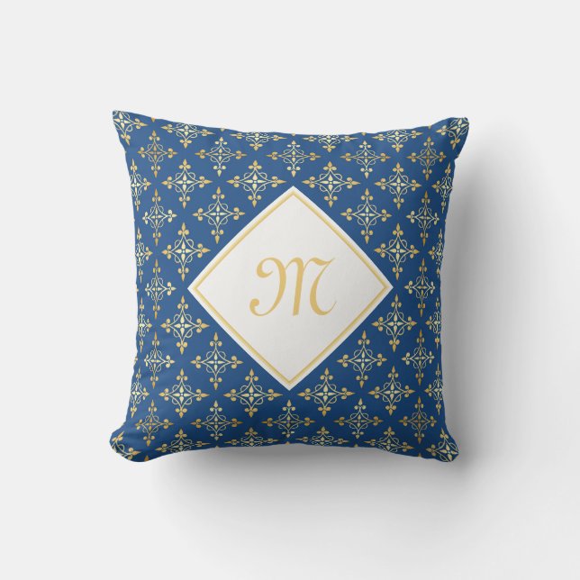 Luxus Monogram Blue and Gold Quatre Floral Kissen (Vorderseite)