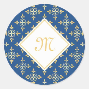 Luxus Monogram Blue and Gold Quatre Floral Runder Aufkleber