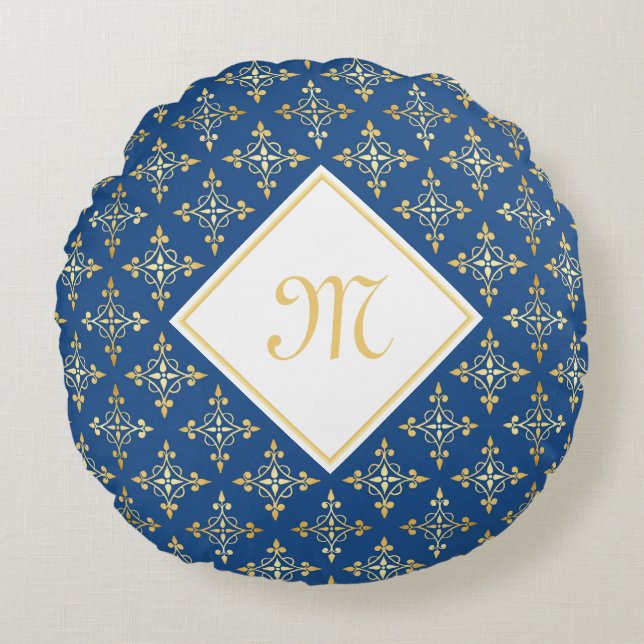 Luxus Monogram Blue and Gold Quatre Floral Rundes Kissen (Vorderseite)
