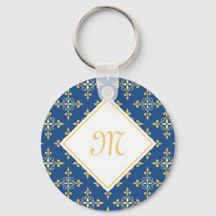 Luxus Monogram Blue and Gold Quatre Floral Schlüsselanhänger