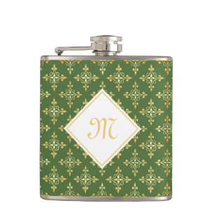 Luxus Monogram Green und Gold Quatre Floral Flachmann