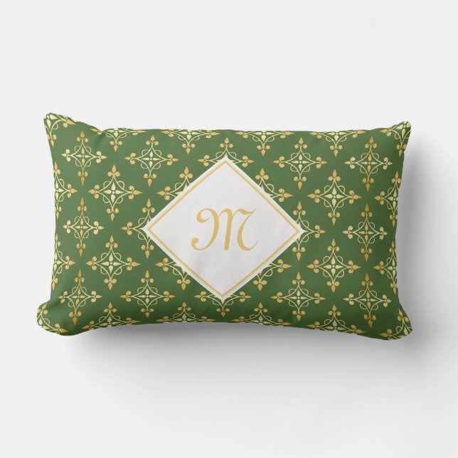 Luxus Monogram Green und Gold Quatre Floral Lendenkissen (Vorderseite)