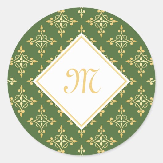 Luxus Monogram Green und Gold Quatre Floral Runder Aufkleber (Vorderseite)