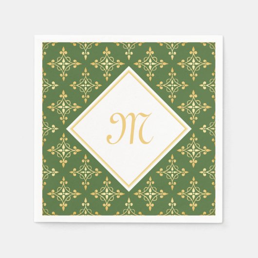 Luxus Monogram Green und Gold Quatre Floral Serviette (Vorderseite)