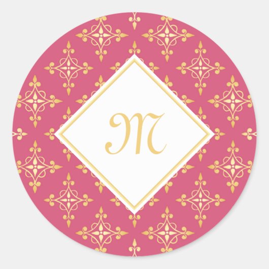 Luxus Monogram Pink und Gold Quatre Bloral Runder Aufkleber (Vorderseite)