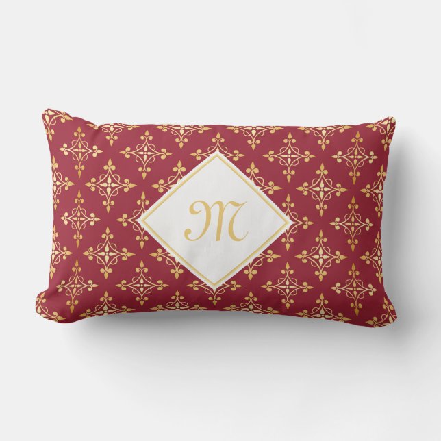 Luxus Monogram Rot und Gold Quatre Bloral Lendenkissen (Vorderseite)