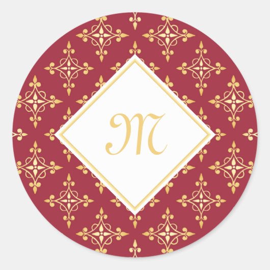 Luxus Monogram Rot und Gold Quatre Bloral Runder Aufkleber (Vorderseite)