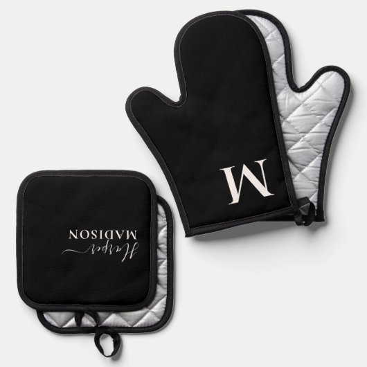 Luxus Monogram Script Black Ofenhandschuh & Topflappen-Set (Vorderseite/Rückseite)