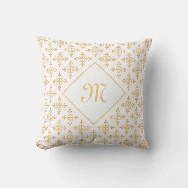 Luxus Monogram White and Gold Quatre Floral Kissen (Vorderseite)