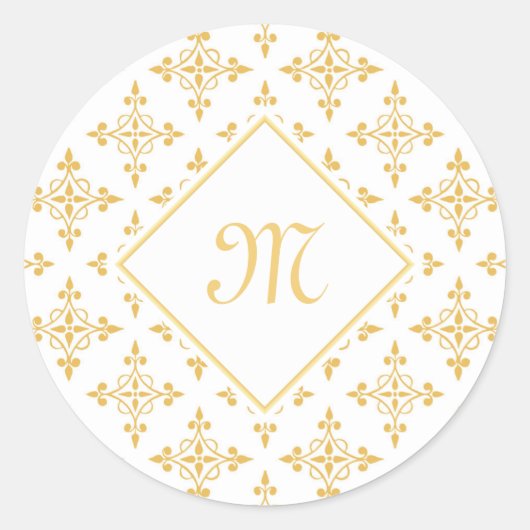 Luxus Monogram White and Gold Quatre Floral Runder Aufkleber (Vorderseite)