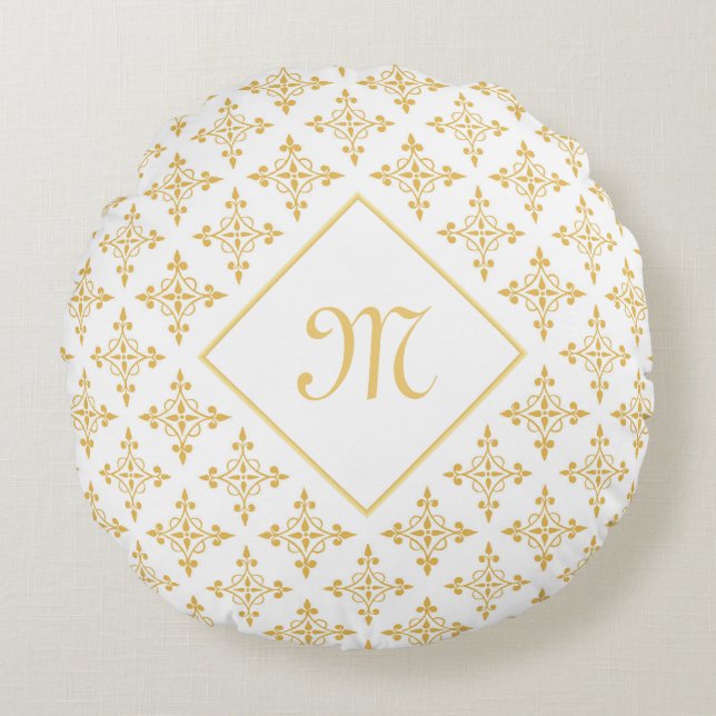 Luxus Monogram White and Gold Quatre Floral Rundes Kissen (Vorderseite)