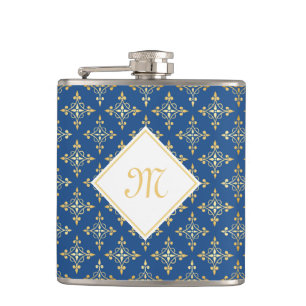 Luxus-Monogramm Blau und Gold Quatre Floral Flachmann