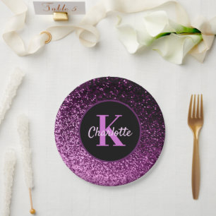 Luxus-Monogramm mit Geburtstags-Glitter in Lila un Pappteller