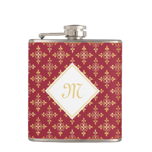 Luxus-Monogramm Rot und Gold Quatre Floral Flachmann