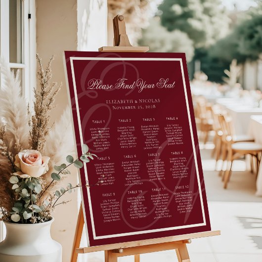 Luxus-Monogramm Tiefrotes Hochzeits-Sitzplan Poster