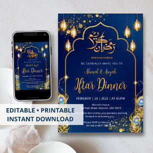 Luxus-Nachtblau- und Gold-Pfau-Ramadan-Iftar Einladung