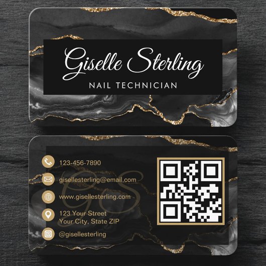 Luxus-Nageltechniker Schwarz-Gold-QR-Code Visitenkarte