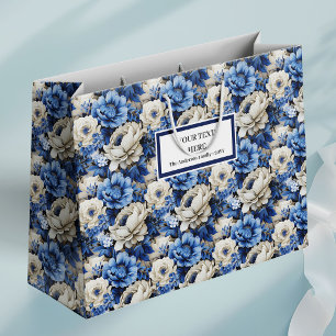Luxus Navy Blau Floral Elfenbein Elegantes Geschen Große Geschenktüte