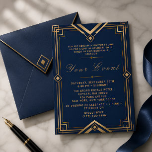 Luxus Navy Blau Gold Art Deco Gala-Feier Einladung
