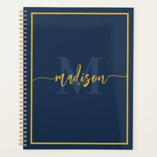Luxus Navy Blau Gold Monogramm Schriftname Planer (Vorderseite)