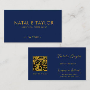 Luxus Navy Blau Gold QR Code Immobilienmakler Visitenkarte