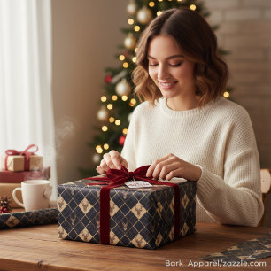 Luxus Navy Blau Kariert & Rentierkopf Weihnachten Geschenkpapier