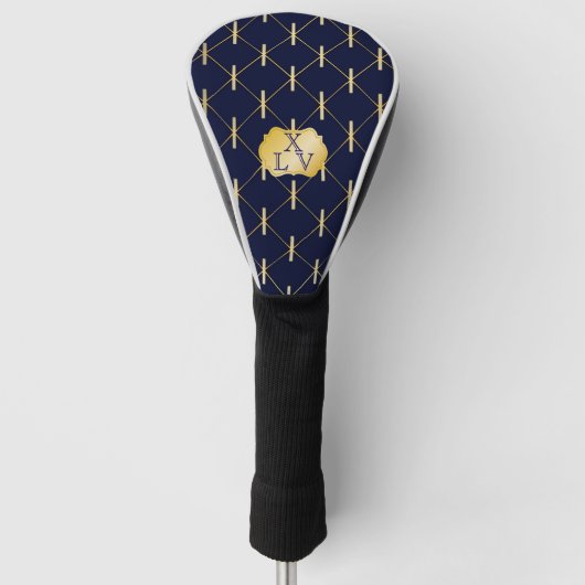 Luxus Navy Blue & Gold Lattice Monogram Golf Headcover (Vorderseite)