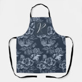 Luxus Navy Blue und Silver Floral Mit Monogramm Schürze (Vorderseite)