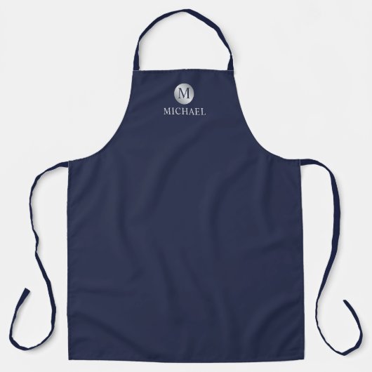 Luxus Navy Blue und Silver Personalisiert Monogram Schürze (Vorderseite)