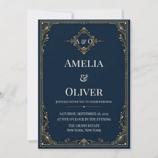 Luxus-Navy-Gold-Art-Deco-Monogramm-Hochzeits-Einla Einladung