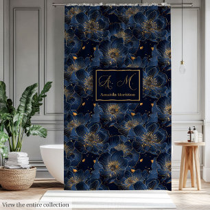 Luxus-Navy-Gold-Blumenmuster-Vorhang Badezimmer Duschvorhang