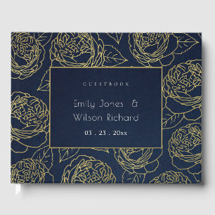 LUXUS NAVY GOLD KRAFT ELEGANTE ROSE BLUMENHOCHZEIT GÄSTEBUCH