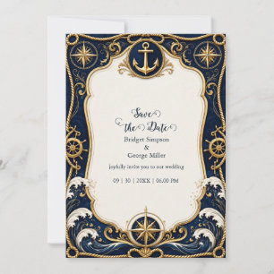 Luxus-Navy-Gold-Nautik-Hochzeitsanker Einladung