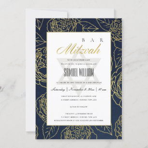 LUXUS NAVY GOLD ROSE BLUMEN BAT BAR MITZVAH EINLAD DANKESKARTE